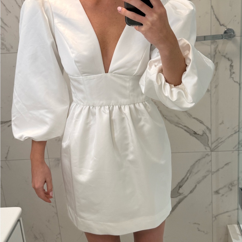 Reformation White Puff Sleeve Deep V Long Sleeve Dress